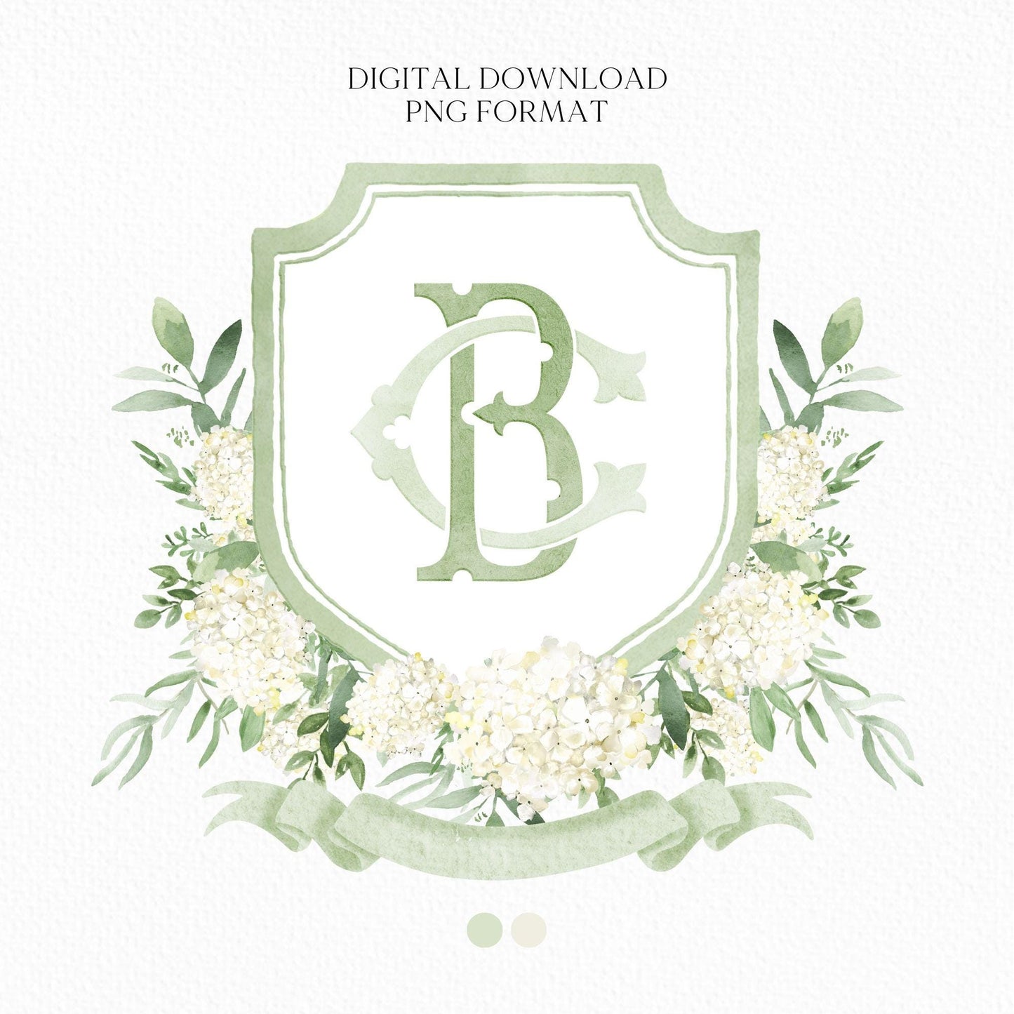 White Hydrangea Flower Wedding Crest - Monogram Crest - Hydrangea Floral Luxury Watercolor Wedding Crest - Romantic Wedding Crest
