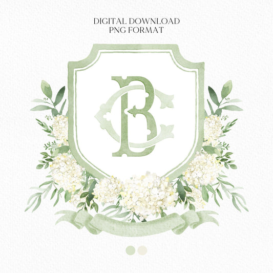 White Hydrangea Flower Wedding Crest - Monogram Crest - Hydrangea Floral Luxury Watercolor Wedding Crest - Romantic Wedding Crest