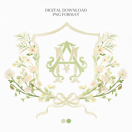 White WildFlower Wedding Crest - Monogram Crest - WildFlower Floral Luxury Watercolor Wedding Crest - Romantic Wedding Crest