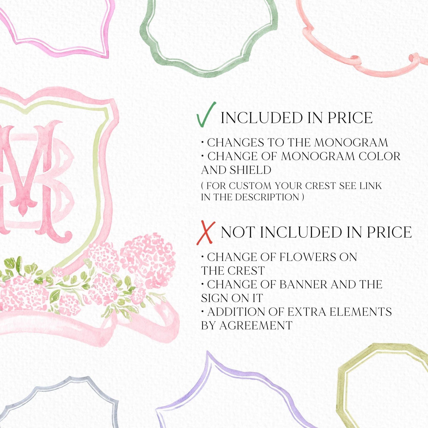 Pink Hydrangea Flower Wedding Crest - Monogram Crest - Light Pink Color Hydrangea Floral Luxury Watercolor Wedding Crest