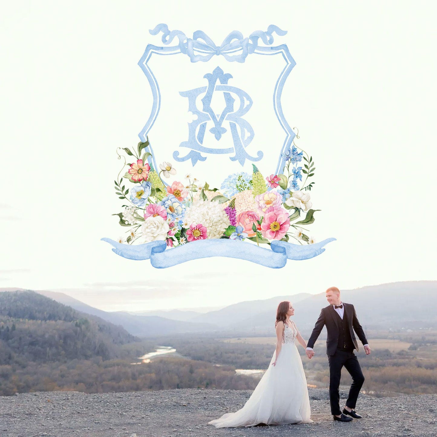 Wildflowers Bright Floral Hydrangea Watercolor Wedding Crest - Monogram Crest - Floral Watercolor Wedding Crest - Romantic Wedding Crest