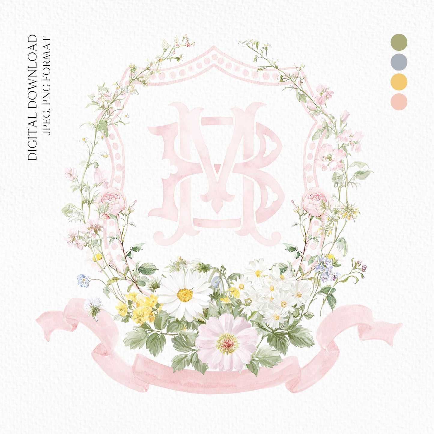 Pastel Wildflowers Light Pink Watercolor Wedding Crest - Monogram Crest - Floral Watercolor Wedding Crest - Romantic Wedding Crest