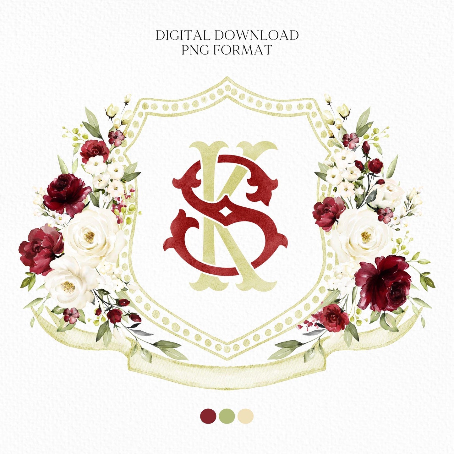 Burgundy and White Floral Wedding Crest - Monogram Crest - Roses White Floral Watercolor Wedding Crest - Romantic Wedding Crest