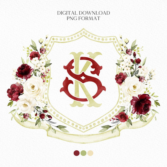 Burgundy and White Floral Wedding Crest - Monogram Crest - Roses White Floral Watercolor Wedding Crest - Romantic Wedding Crest