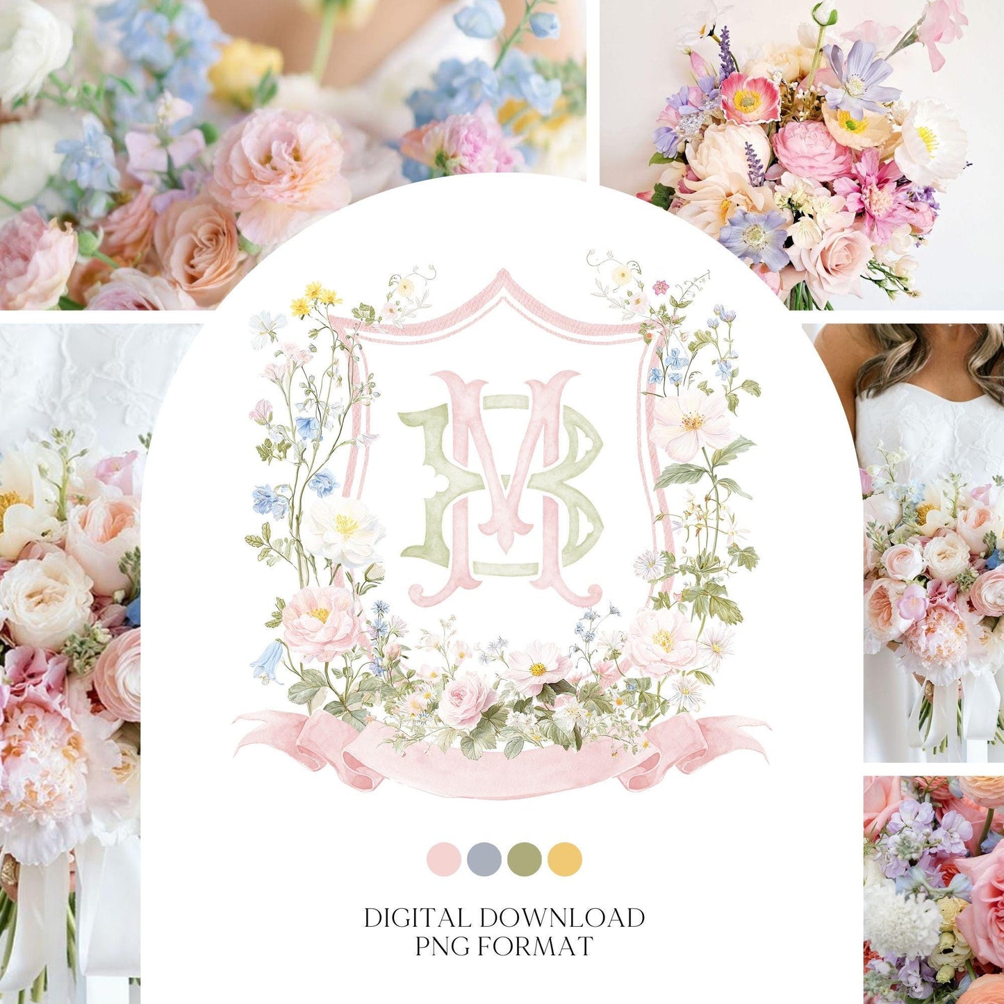 Pastel Wildflowers Light Pink Watercolor Wedding Crest - Monogram Crest - Floral Watercolor Wedding Crest - Romantic Wedding Crest