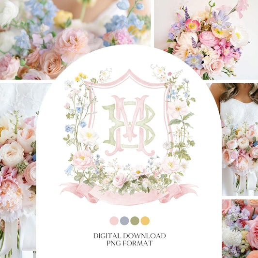 Pastel Wildflowers Light Pink Watercolor Wedding Crest - Monogram Crest - Floral Watercolor Wedding Crest - Romantic Wedding Crest