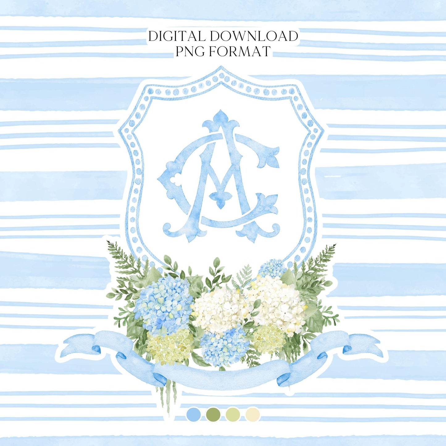 Blue Hydrangea Flower Wedding Crest - Monogram Crest - Hydrangea White Floral Luxury Watercolor Wedding Crest - Romantic Wedding Crest