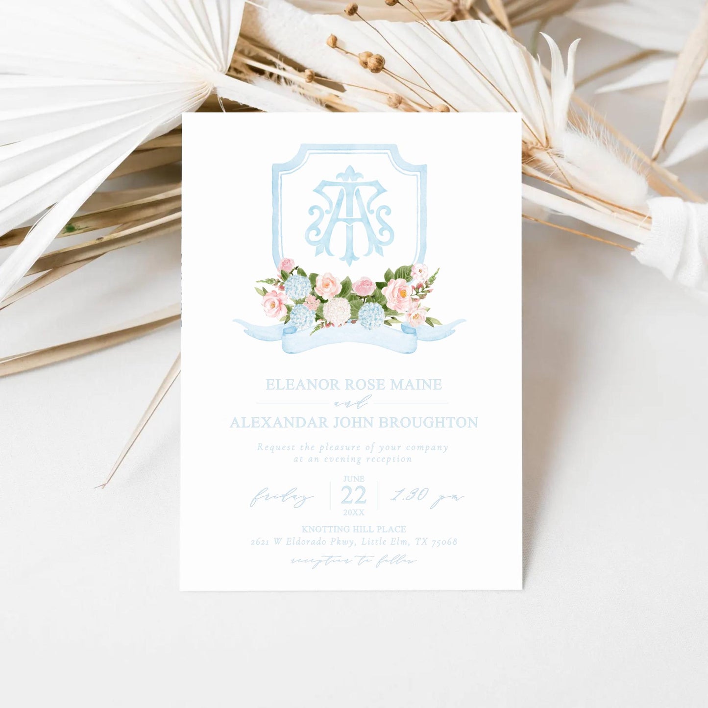 White Hydrangea Blush Pink Rose Flower Wedding Crest - Monogram Crest - Light Blue Hydrangea Floral Luxury Watercolor Wedding Crest