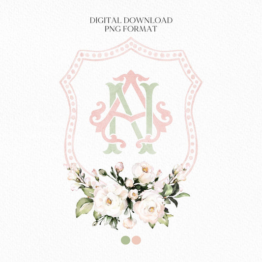 Blush Pink Floral Rustic Greenery Flower Wedding Crest - Monogram Crest - Floral Watercolor Wedding Crest - Romantic Wedding Crest