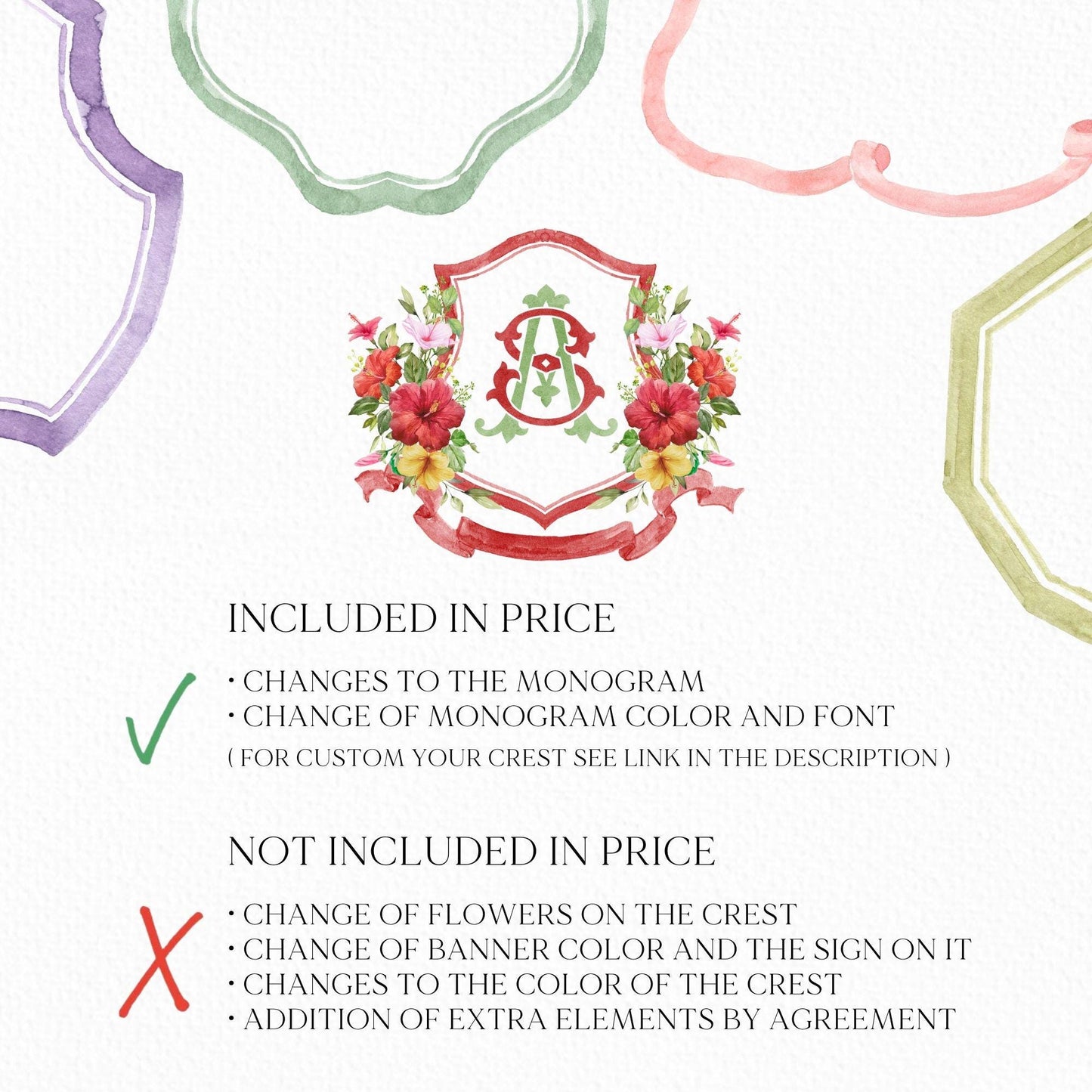 Watercolor Hibiscus Flower Wedding Crest - Monogram Crest - tropical hibiscus Floral Watercolor Wedding Crest - Romantic Wedding Crest