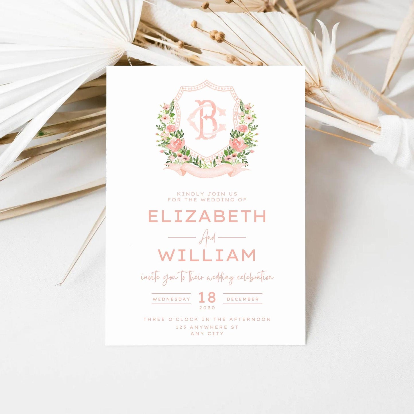 Watercolor Blush Pink Flower Wedding Crest - Monogram Crest - Floral Luxury Watercolor Wedding Crest - Romantic Wedding Crest