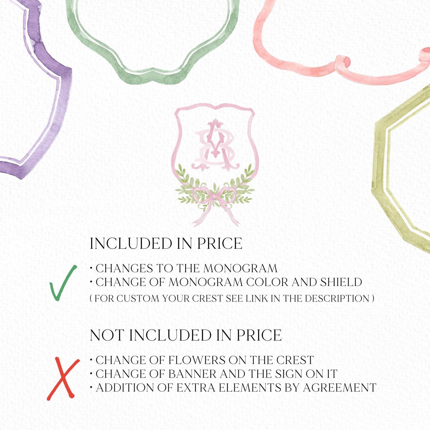 Pink Coquette Ribbon Bow Crest Wedding Crest - Monogram Crest - Pink Ribbon Bow Watercolor Wedding Crest Romantic Wedding Crest