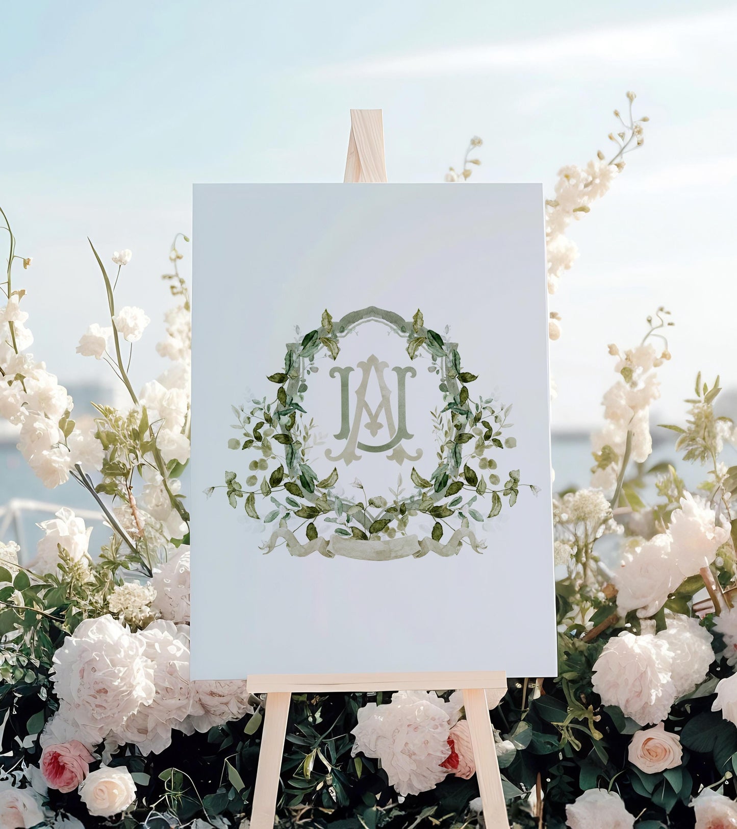Greenery Green Leaves Flower Wedding Crest - Monogram Crest - Greenery Floral Luxury Watercolor Wedding Crest - Romantic Wedding Crest