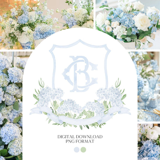 Blue Hydrangea Flower Wedding Crest - Monogram Crest - Hydrangea Light Blue Floral Luxury Watercolor Wedding Crest - Romantic Wedding Crest