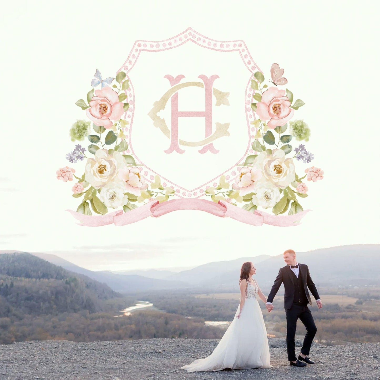 Rose Spring Greenery White Flower Wedding Crest - Monogram Crest - blush Pink Floral Watercolor Wedding Crest - Romantic Wedding Crest
