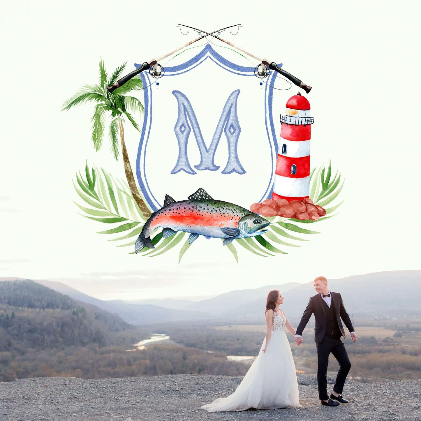Fish Lighthouse Glass Ocean Wedding Watercolor Crest · Monogram Whale Crest · Palm Leaf Greenery Garden Sea Wedding Crest - Wedding Crest