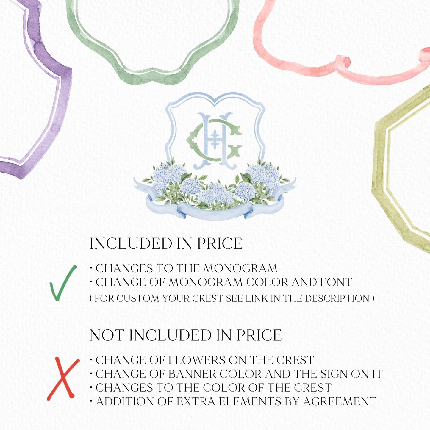 Blue Hydrangea Flower Wedding Crest - Monogram Crest - Hydrangea Light Blue Floral Luxury Watercolor Wedding Crest - Romantic Wedding Crest