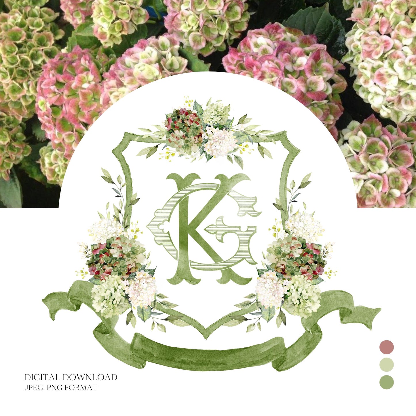 Hydrangea Macrophylla Green Flower Wedding Crest, Monogram Crest, Lush bright Greenery Floral Watercolor Wedding Crest, Hydrangea Crest