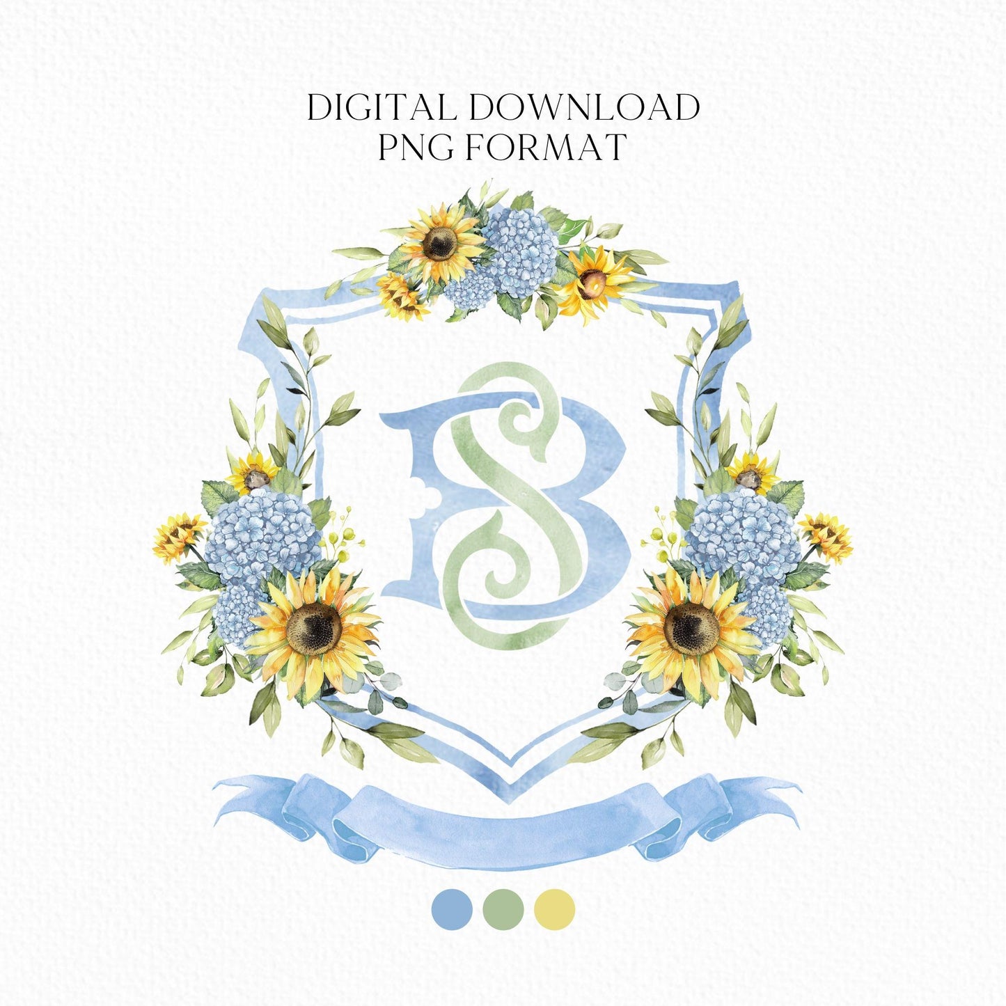 Sunflowers Dusty Blue Hydrangea Flower Wedding Crest - Monogram Crest - Hydrangea Floral Luxury Watercolor Wedding Crest - Wedding Crest