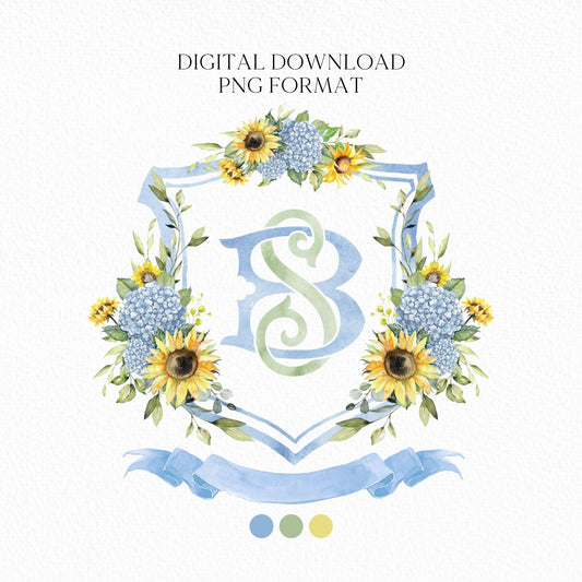 Sunflowers Dusty Blue Hydrangea Flower Wedding Crest - Monogram Crest - Hydrangea Floral Luxury Watercolor Wedding Crest - Wedding Crest