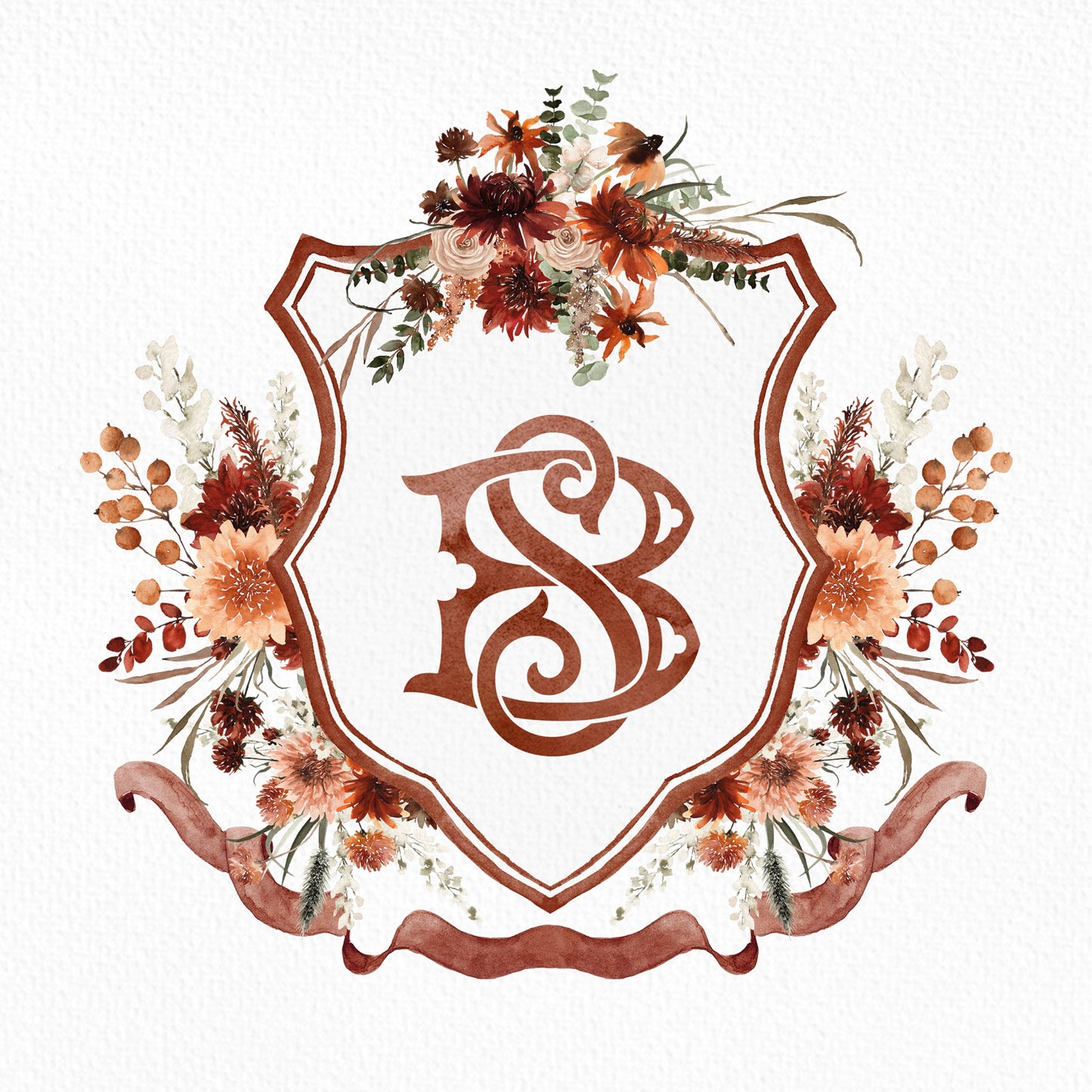 Terracotta Flower Wedding Crest - Monogram Crest - Autumn Fall Floral Luxury Watercolor Wedding Crest - Romantic Wedding Crest- Boho Fall