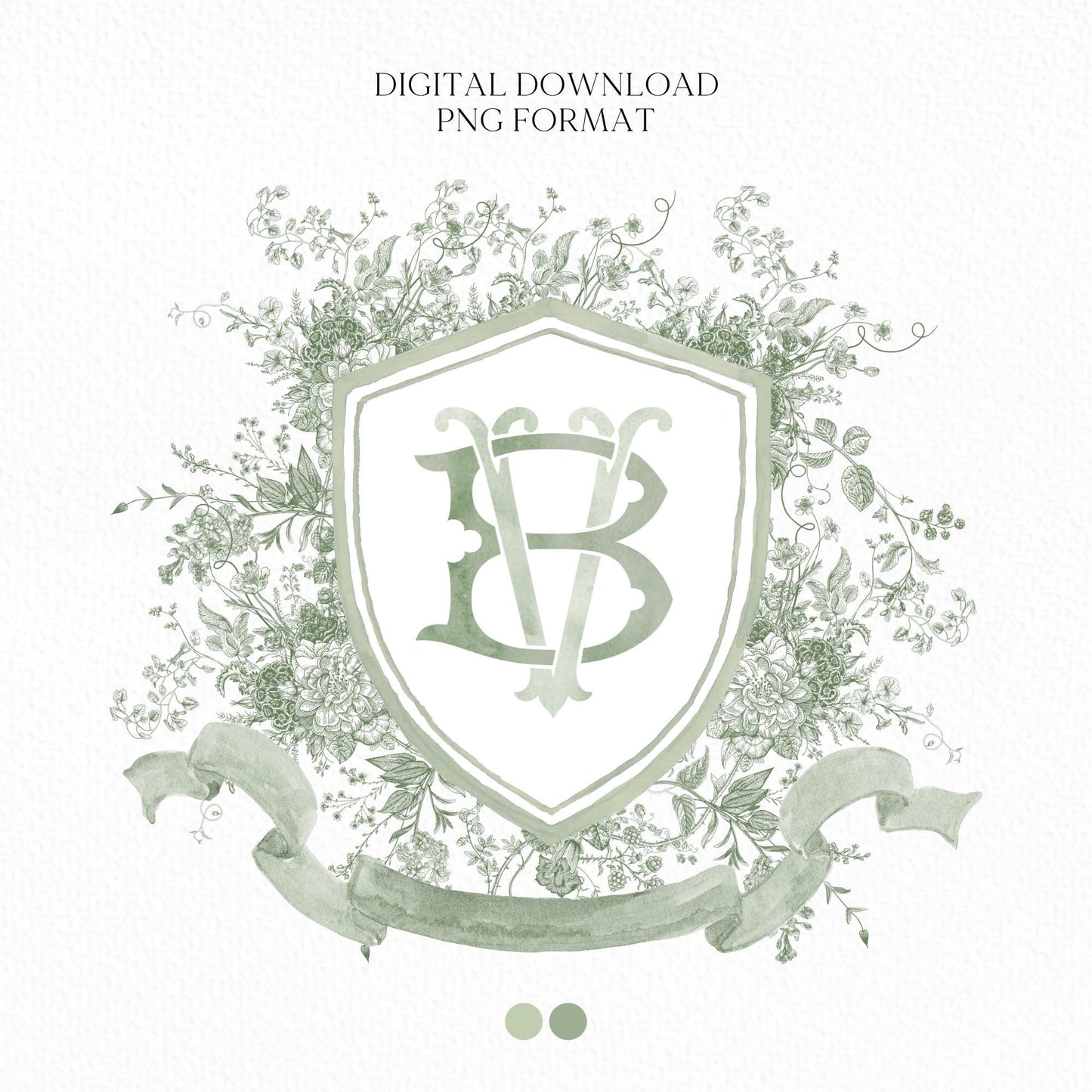 Vintage Moss Green Floral Wedding Crest - Monogram Crest - Vintage Floral Luxury Line art Wedding Crest - Romantic Wedding Crest