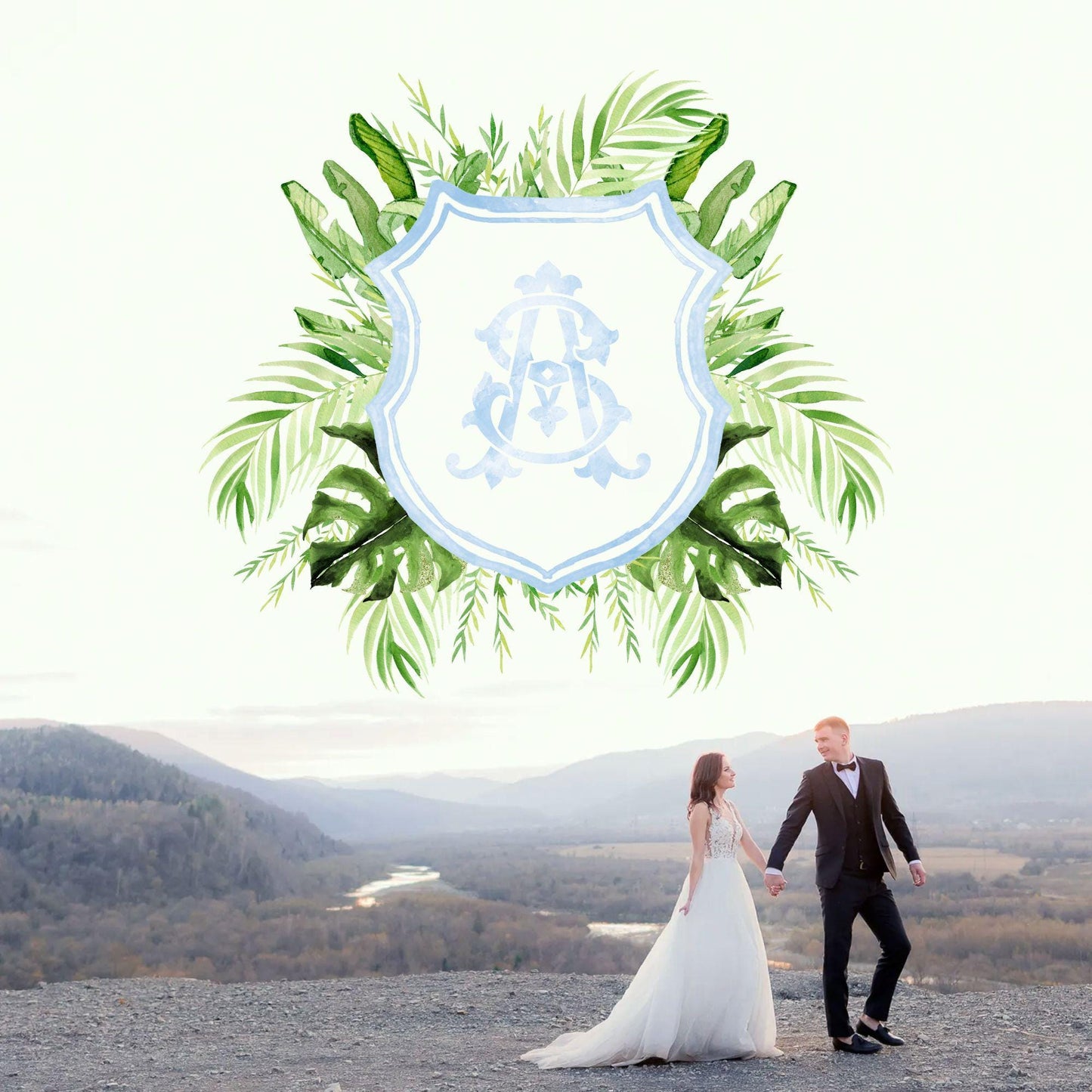 Palm Leaf Greenery Garden Watercolor Wedding Crest - Monogram Crest - Palm leaves Greenery Watercolor Wedding Crest - Romantic Wedding Crest