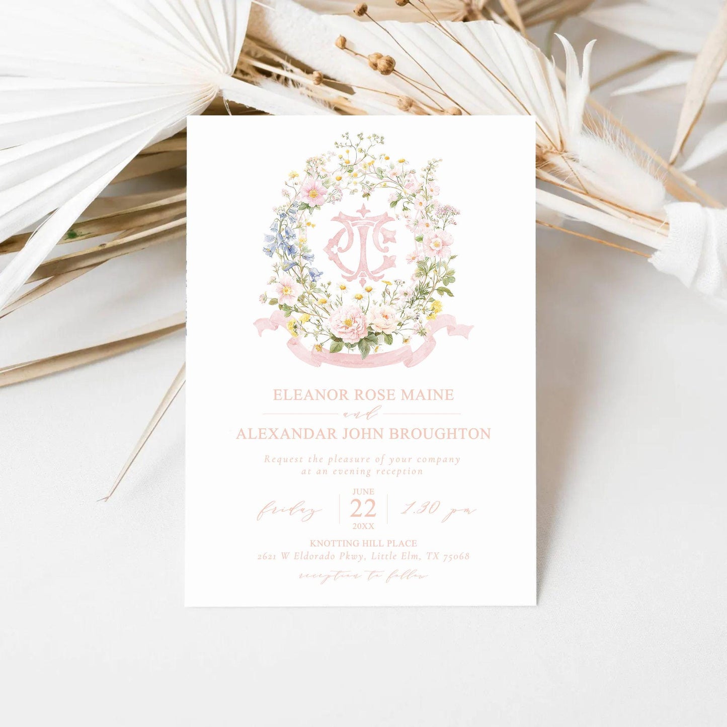 Pastel Wildflowers Light Pink Watercolor Wedding Crest - Monogram Crest - Floral Watercolor Wedding Crest - Romantic Wedding Crest