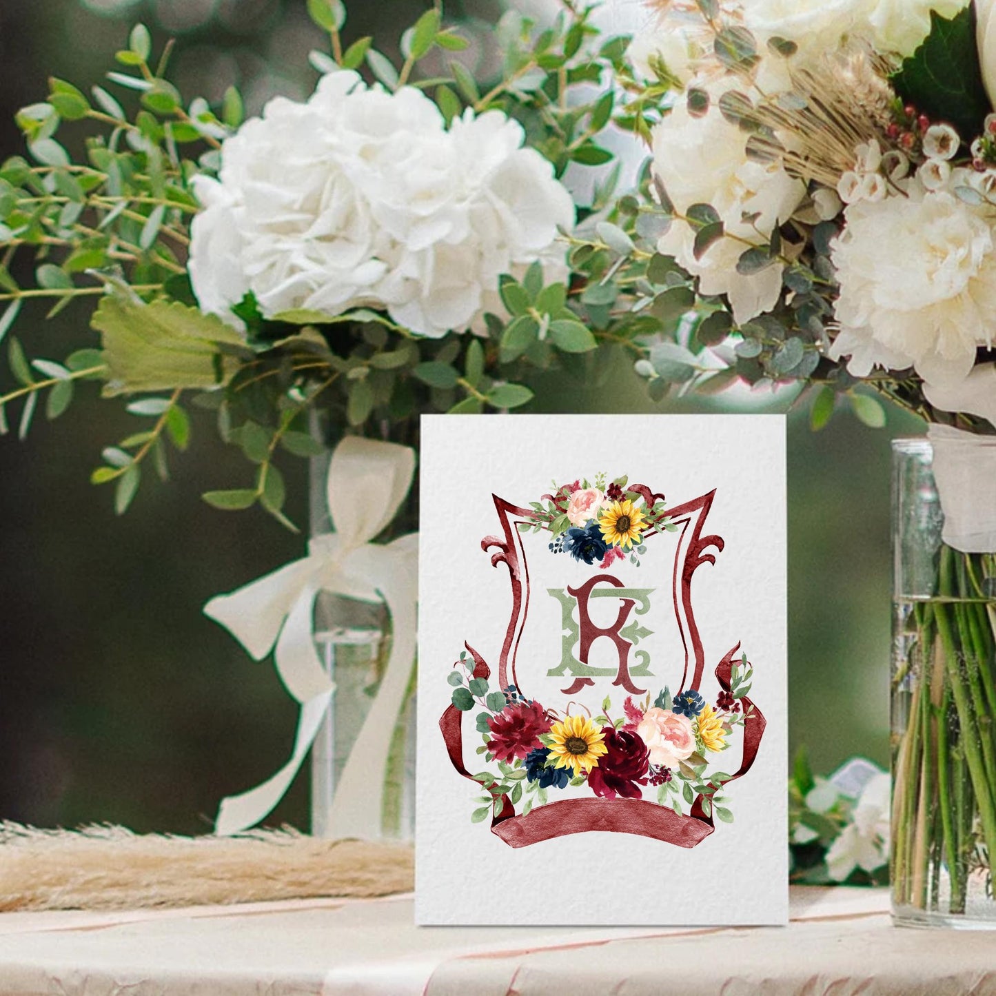 Sunflower Burgundy Red Blush Peony Rose Flower Wedding Crest - Monogram Crest - Floral Watercolor Wedding Crest - Romantic Wedding Crest