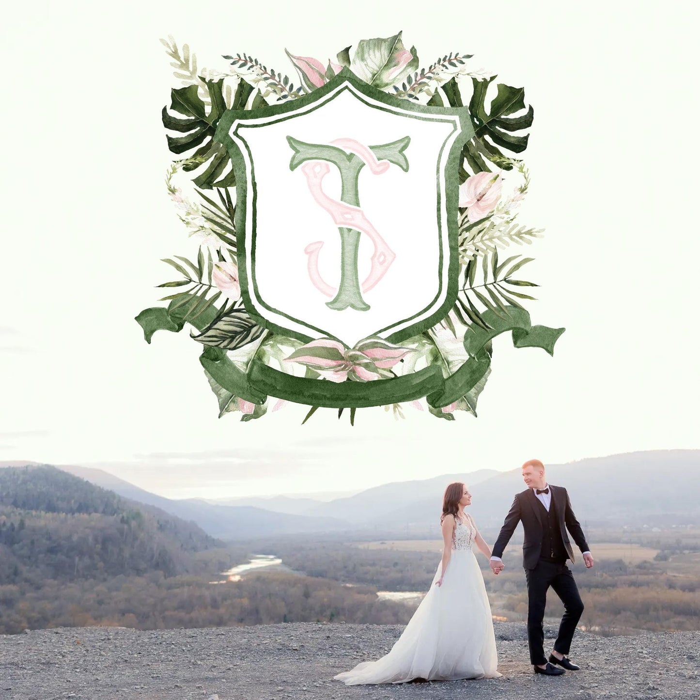 Palm Leaf Greenery Garden Watercolor Wedding Crest - Monogram Crest - Palm leaves Greenery Watercolor Wedding Crest - Romantic Wedding Crest