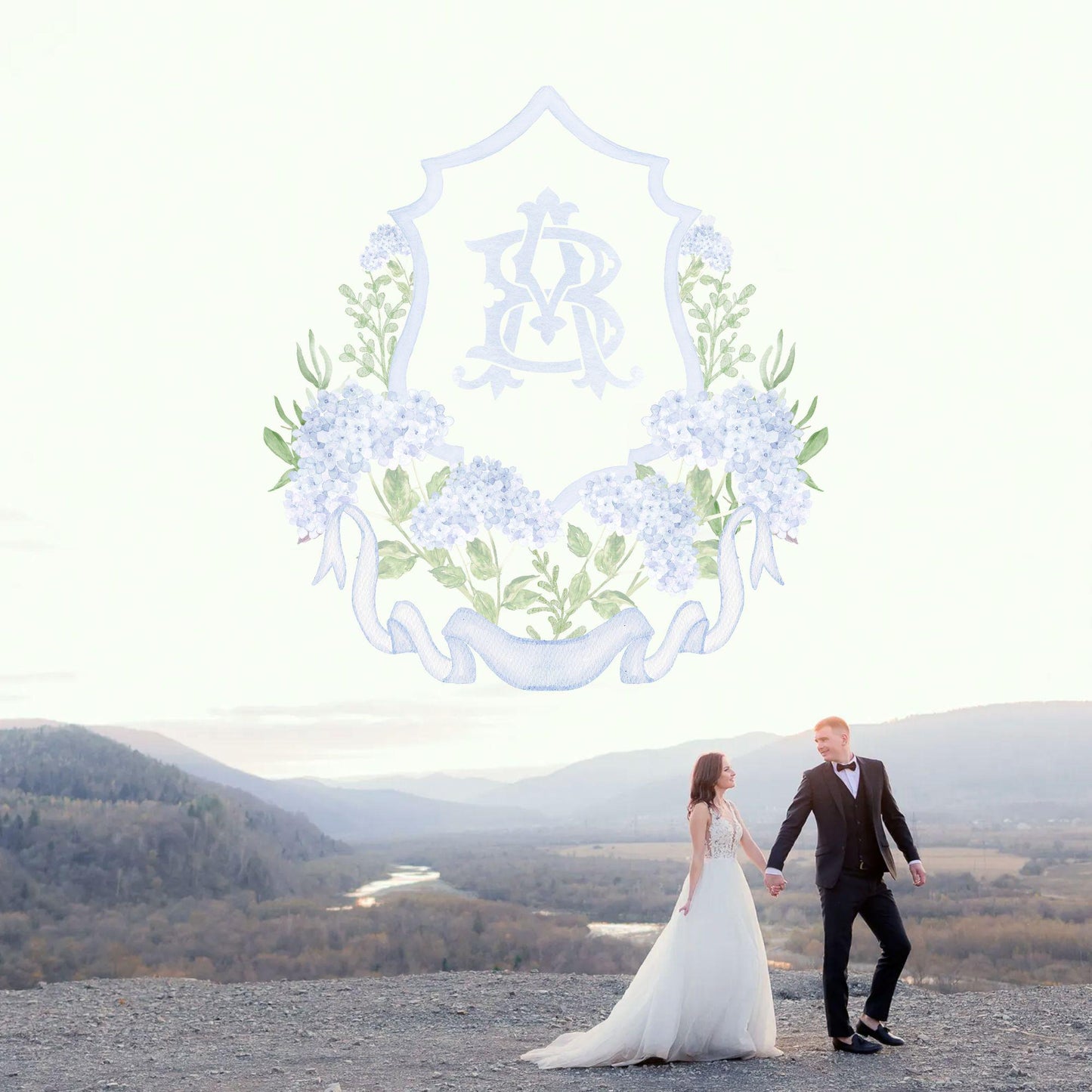 Light Blue Hydrangea Flower Wedding Crest - Monogram Crest - Hydrangea Floral Luxury Watercolor Wedding Crest - Romantic Wedding Crest