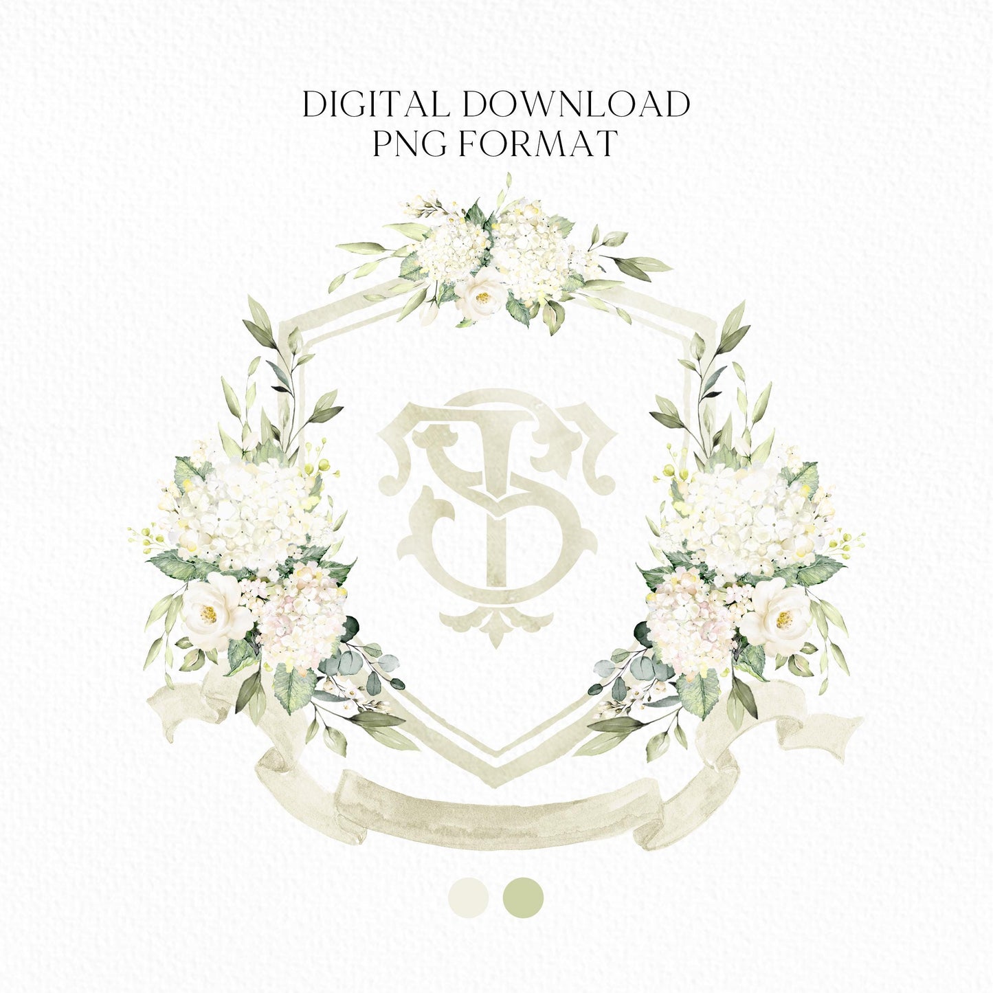 White Hydrangea Flower Wedding Crest - Monogram Crest - Hydrangea Floral Watercolor Wedding Crest - Romantic Wedding Crest - Boho Hydrangea