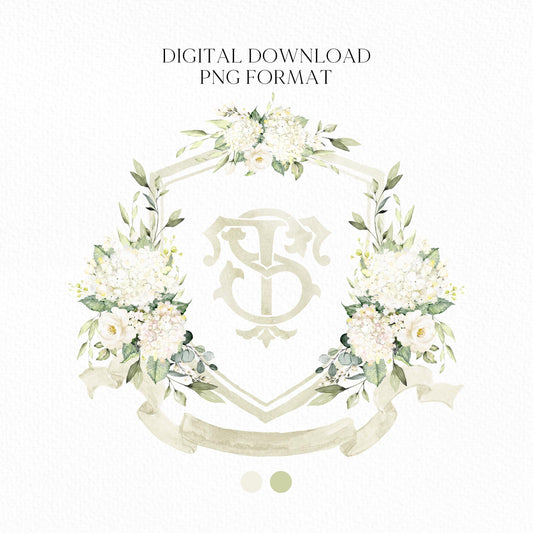 White Hydrangea Flower Wedding Crest - Monogram Crest - Hydrangea Floral Watercolor Wedding Crest - Romantic Wedding Crest - Boho Hydrangea