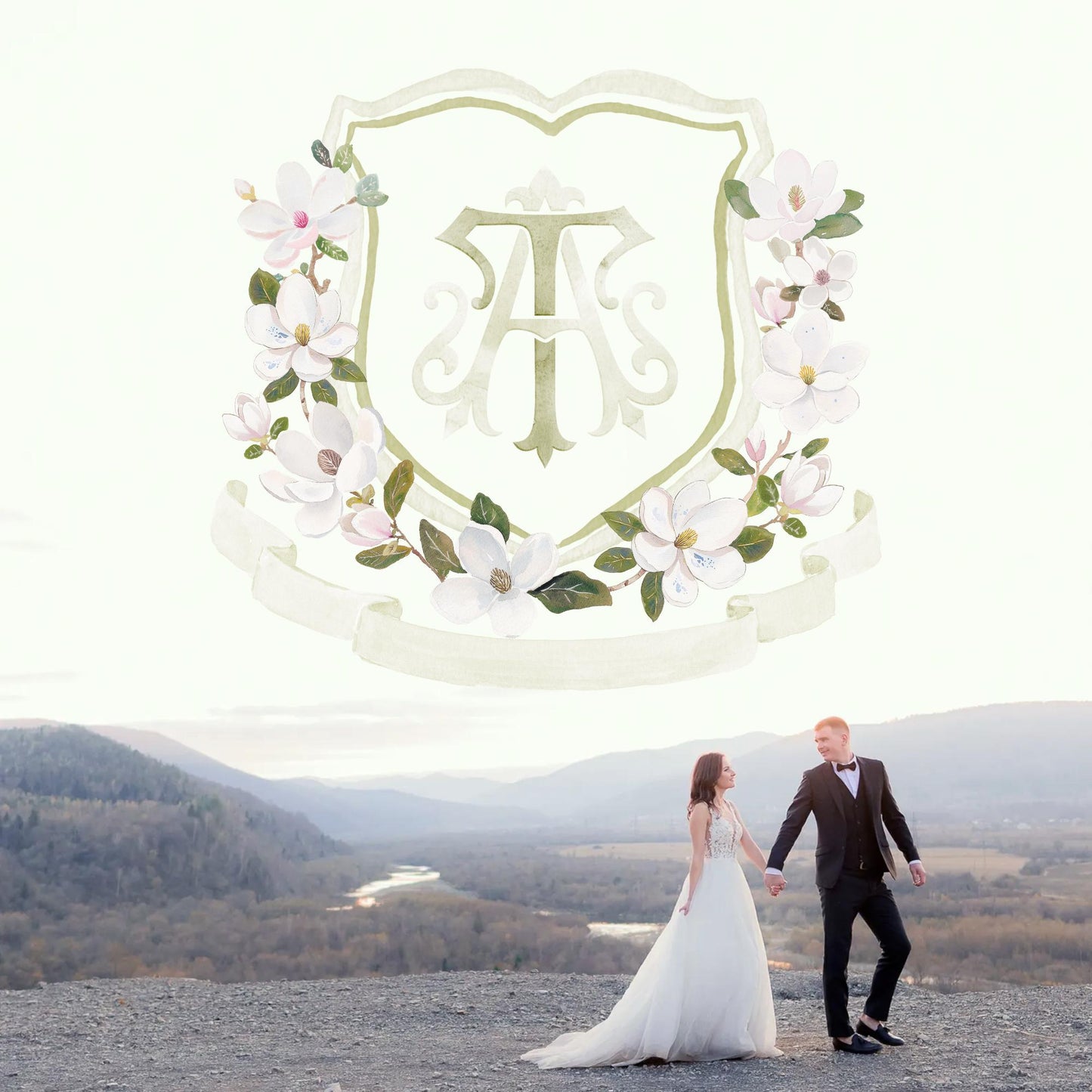 Magnolia Greenery Flower Watercolor Wedding Crest - Monogram Crest - Magnolia Floral Watercolor Wedding Crest - Romantic Wedding Crest