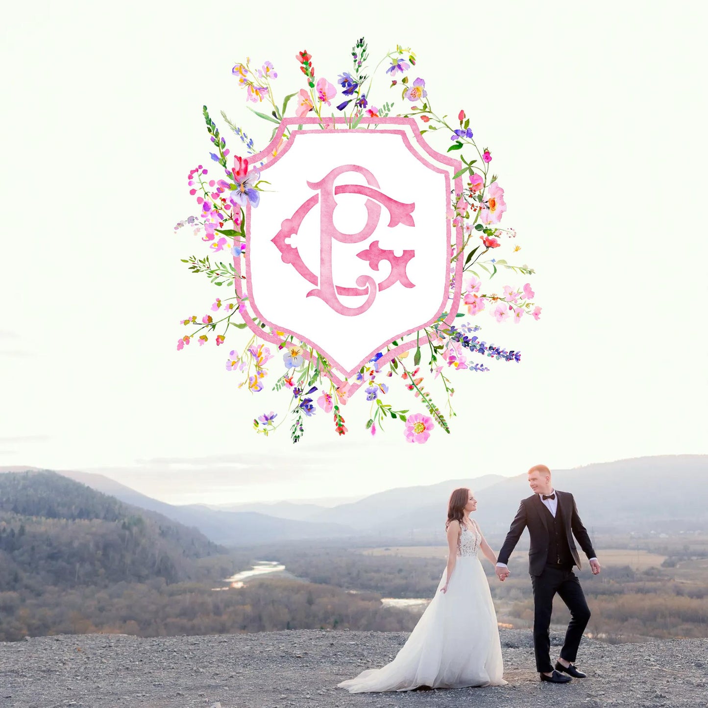 Pink Wildflower Garden Flower Wedding Crest - Monogram Crest - Colorful Spring Floral Watercolor Wedding Crest - Romantic Wedding Crest