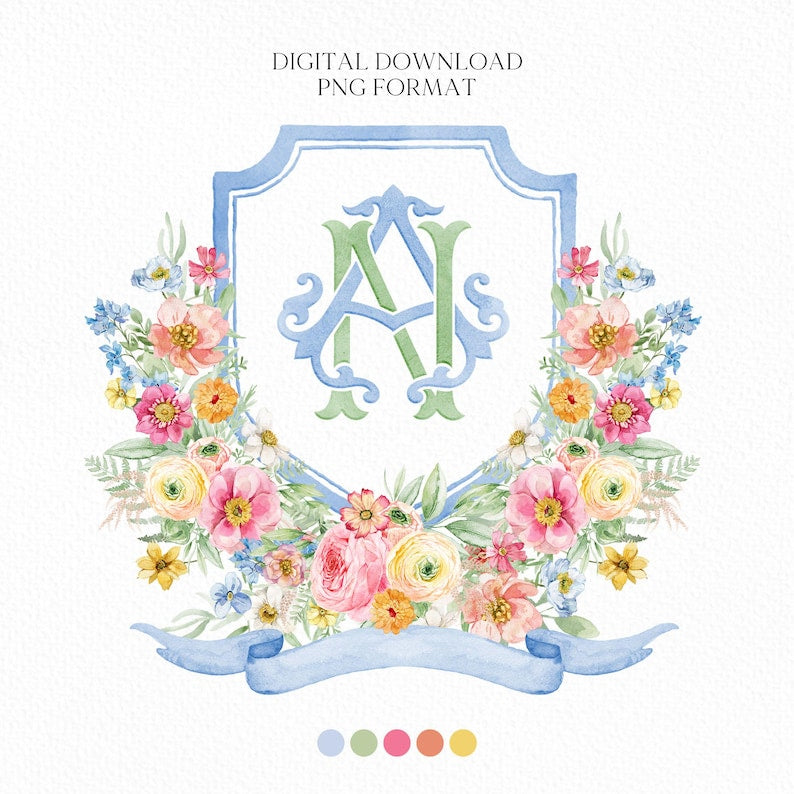 Wildflowers Bright Floral Colorful Watercolor Wedding Crest