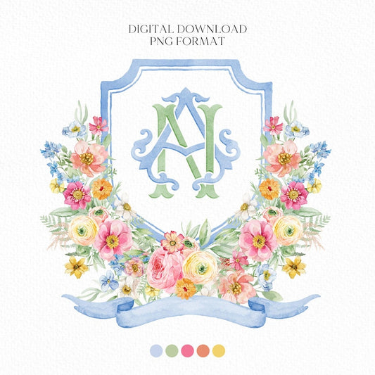 Wildflowers Bright Floral Colorful Watercolor Wedding Crest