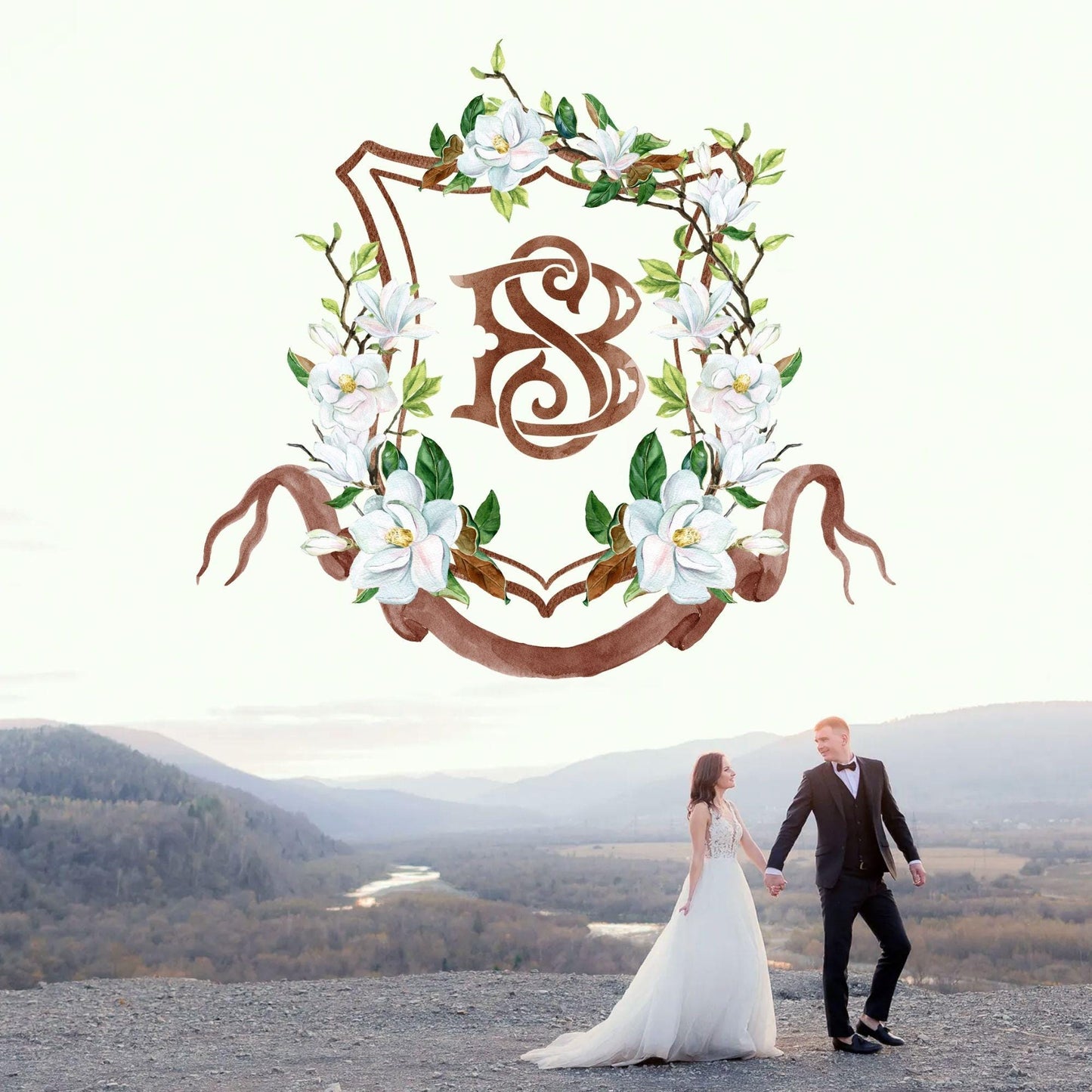 Magnolia Greenery Flower Watercolor Wedding Crest - Monogram Crest - Magnolia Floral Watercolor Wedding Crest - Romantic Wedding Crest