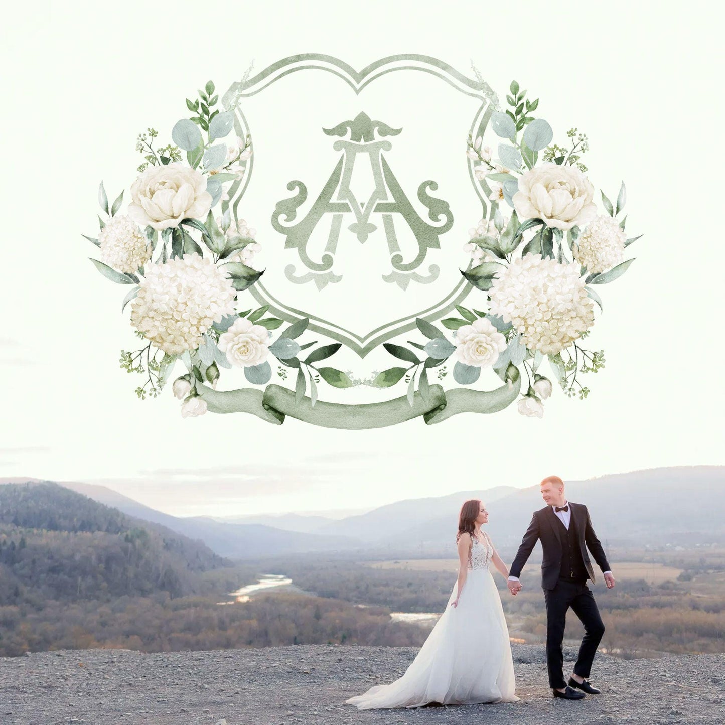 Hydrangea White Rose Greenery Flower Wedding Crest - Monogram Crest - Hydrangea White Floral Watercolor Wedding Crest Romantic Wedding Crest