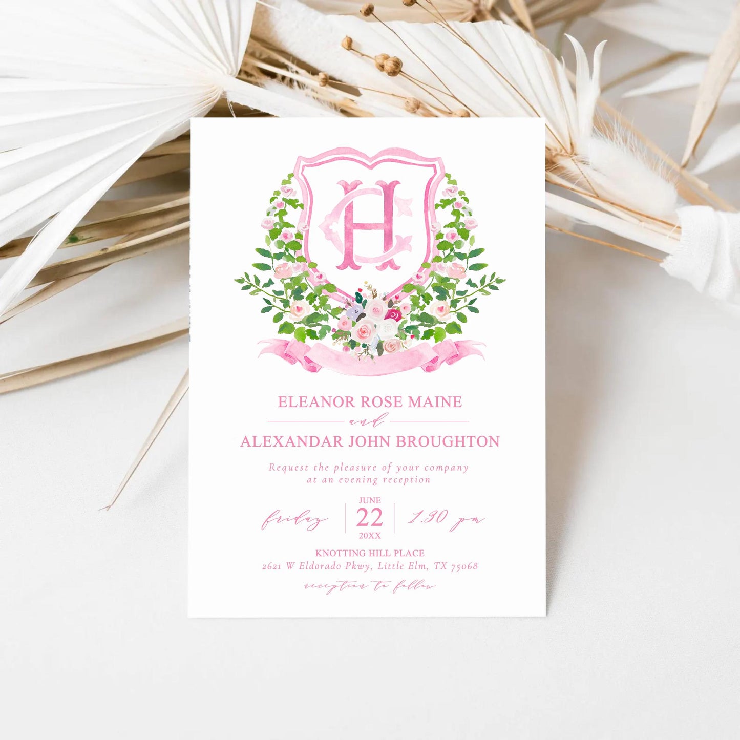 Pastel Roses Pink Greenery Flower Wedding Crest - Monogram Crest - Pink Blush Floral Watercolor Wedding Crest - Romantic Wedding Crest