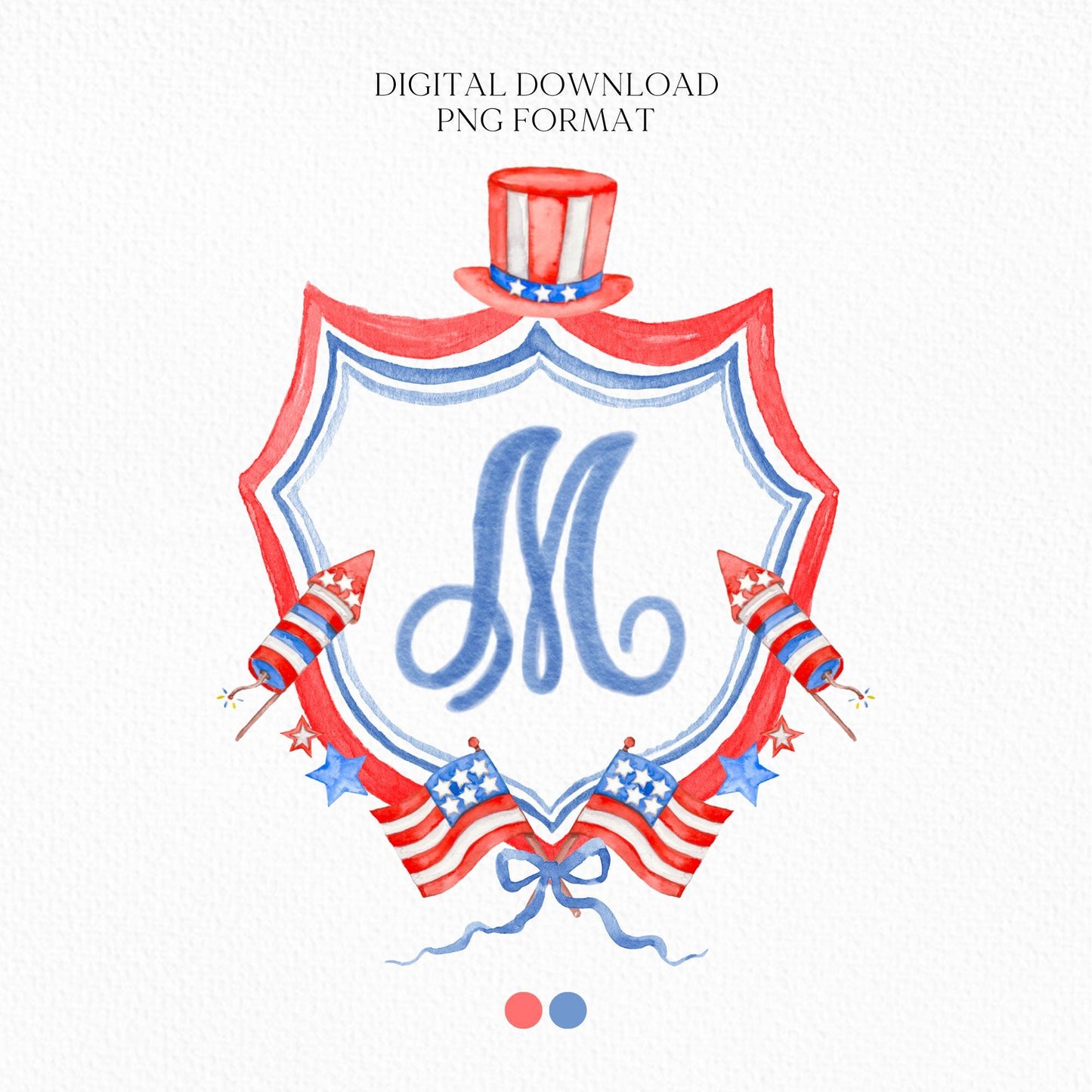 Patriotic 4th July Independence Day Wedding Watercolor Crest - Monogram Crest - Crest USA Watercolor Wedding Crest - Romantic Wedding Crest