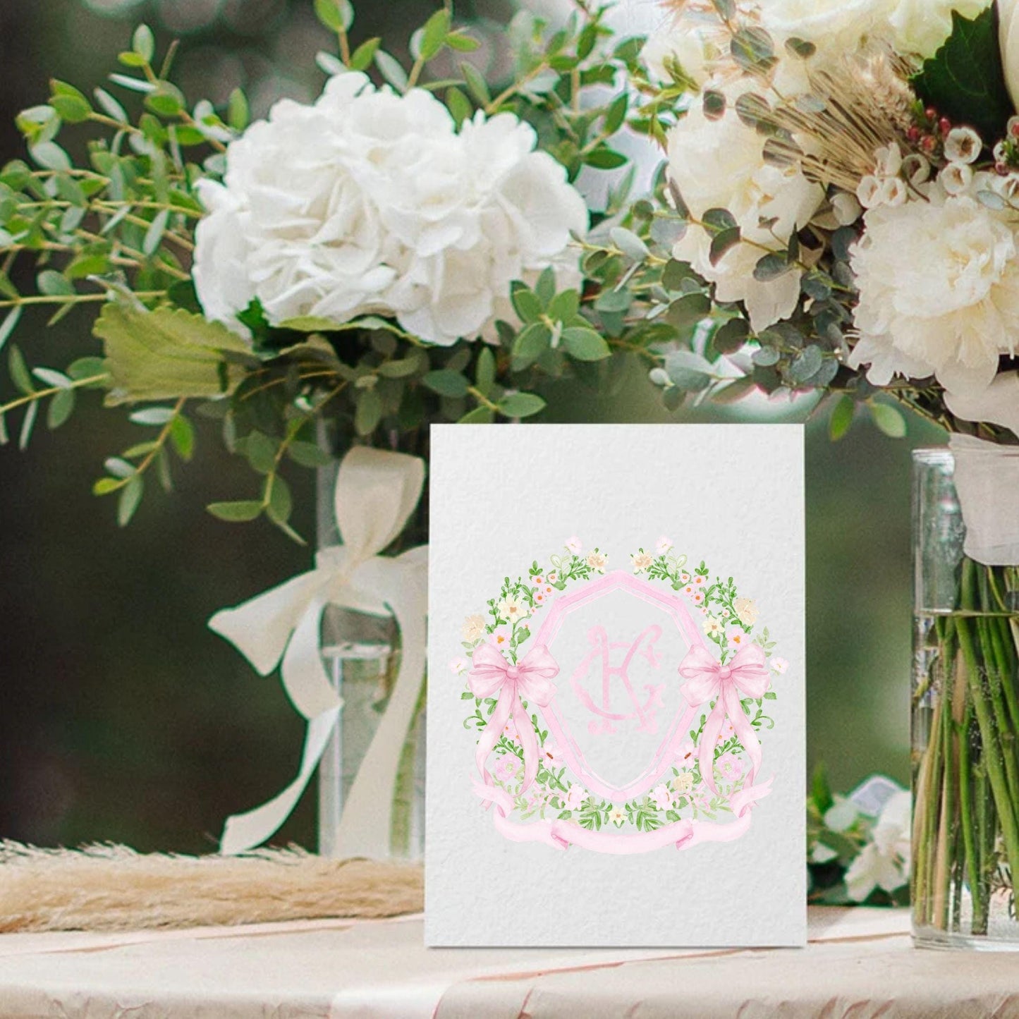 Watercolor Crest wedding Pink Little Flowers Bow Greenery Flower Wedding Crest - Monogram Crest - Floral Watercolor Wedding Crest