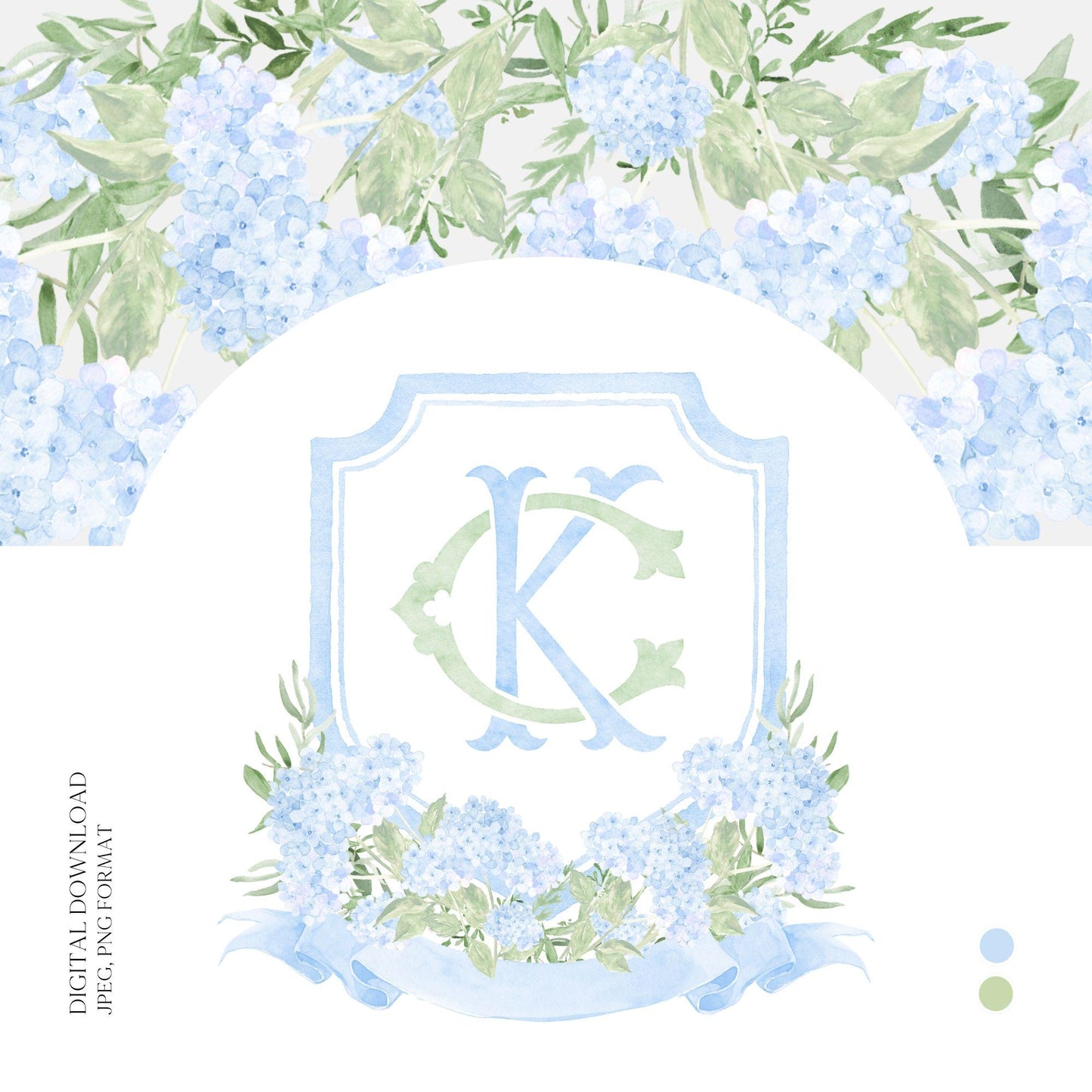 Watercolor Hydrangea Wedding Crest – Light Blue Floral Monogram (Digital Download)