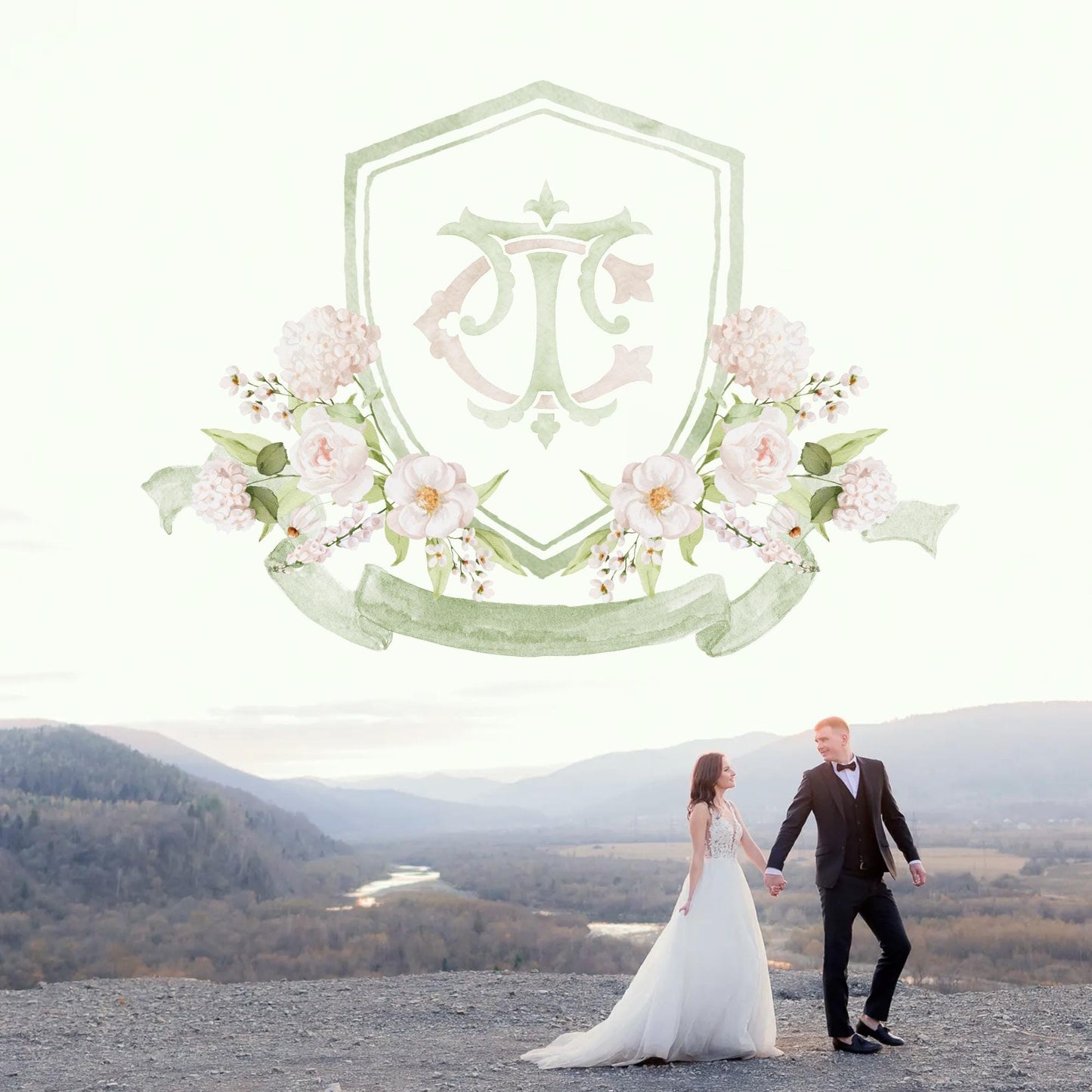 Hydrangea White Flower Wedding Crest - Monogram Crest - White Hydrangea Floral Luxury Watercolor Wedding Crest - Romantic Wedding Crest