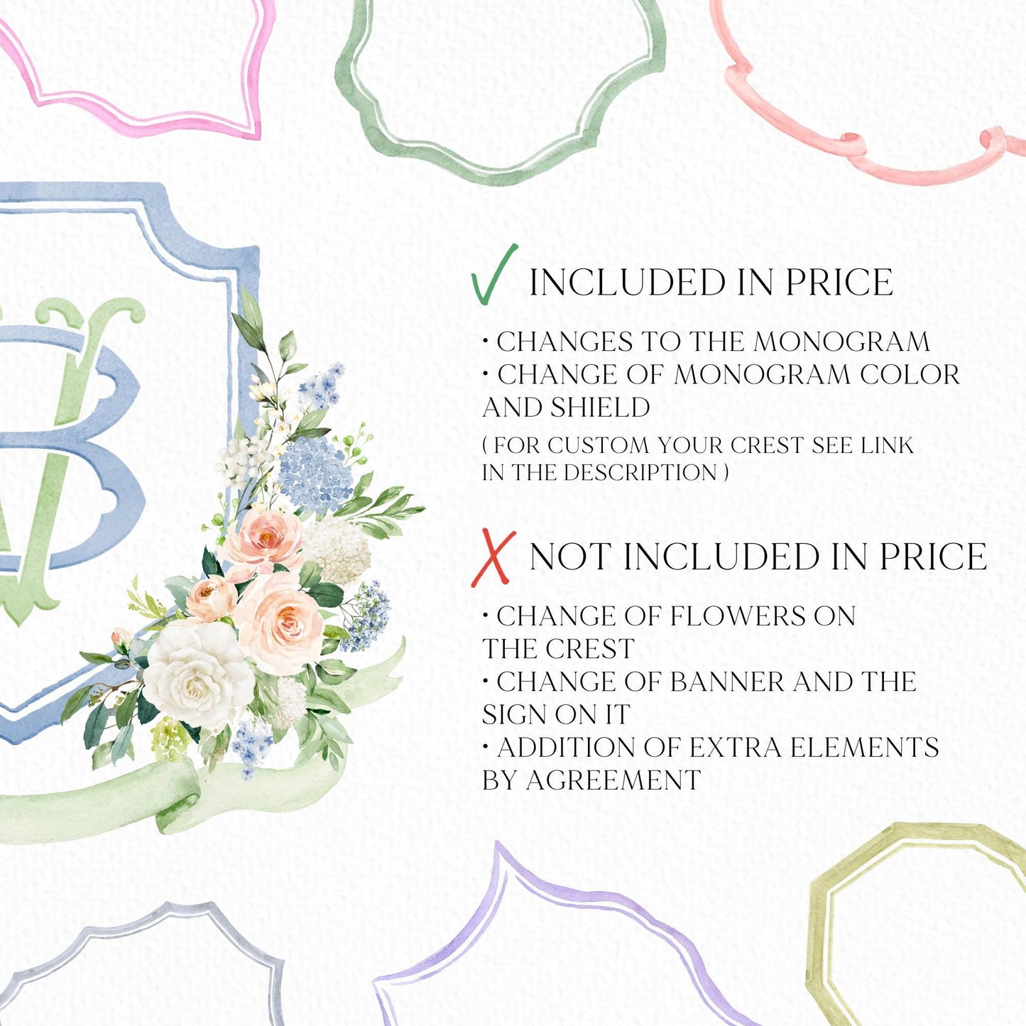 Being Dusty Light blue  Flower Wedding Crest - Monogram Crest - White Floral Watercolor Wedding Crest - Wedding Crest - Boho Hydrangea