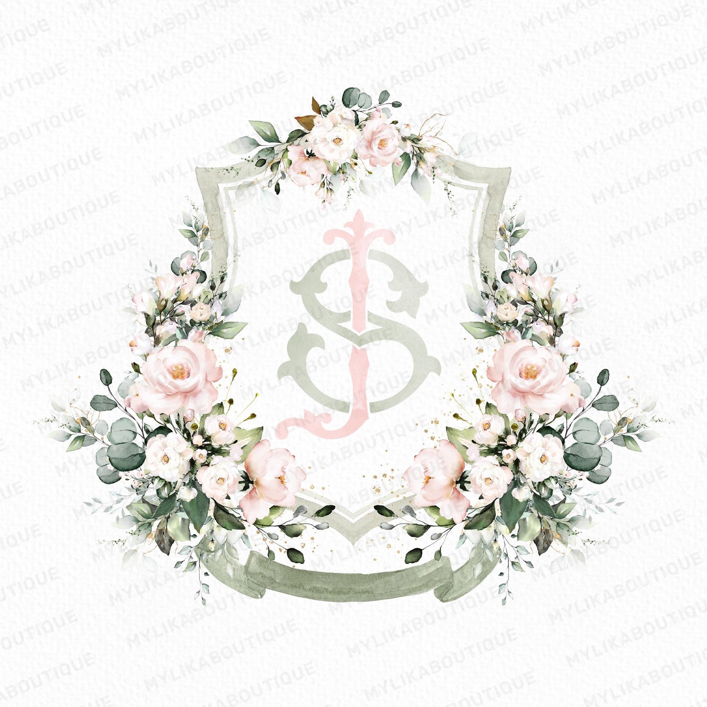 Blush Pink Roses Flower Wedding Crest - Monogram Crest - Pink Floral Luxury Watercolor Wedding Crest - Romantic Wedding Crest - Boho Roses