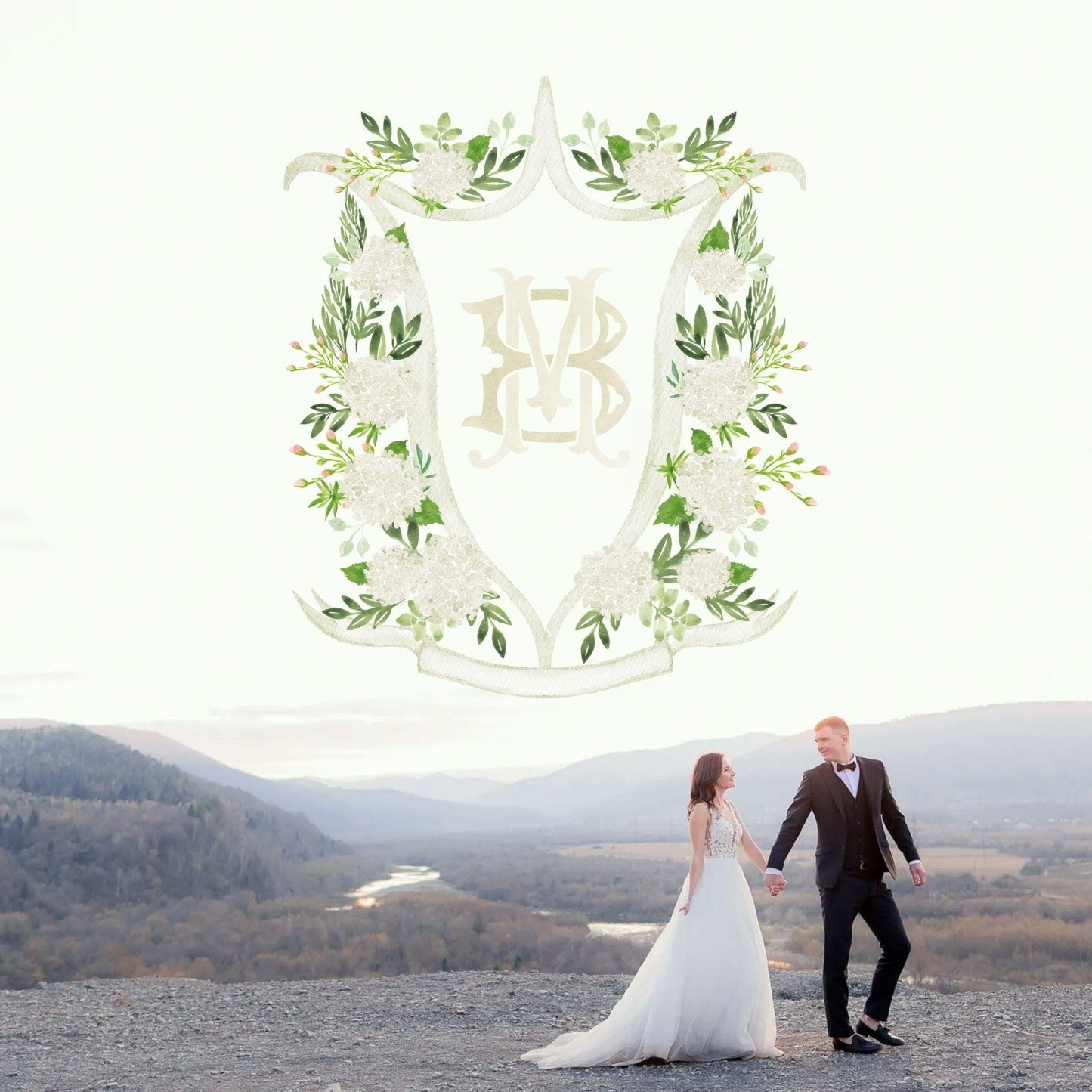 White Hydrangea Flower Wedding Crest - Monogram Crest - Hydrangea Floral Luxury Watercolor Wedding Crest - Romantic Wedding Crest