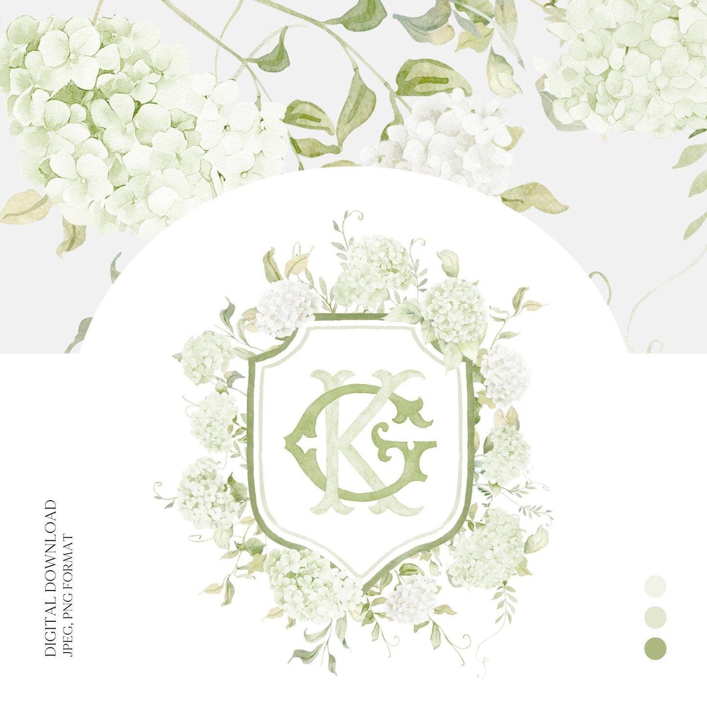 Light Green Hydrangea Flower Wedding Crest - Monogram Crest - Hydrangea White Floral Luxury Watercolor Wedding Crest