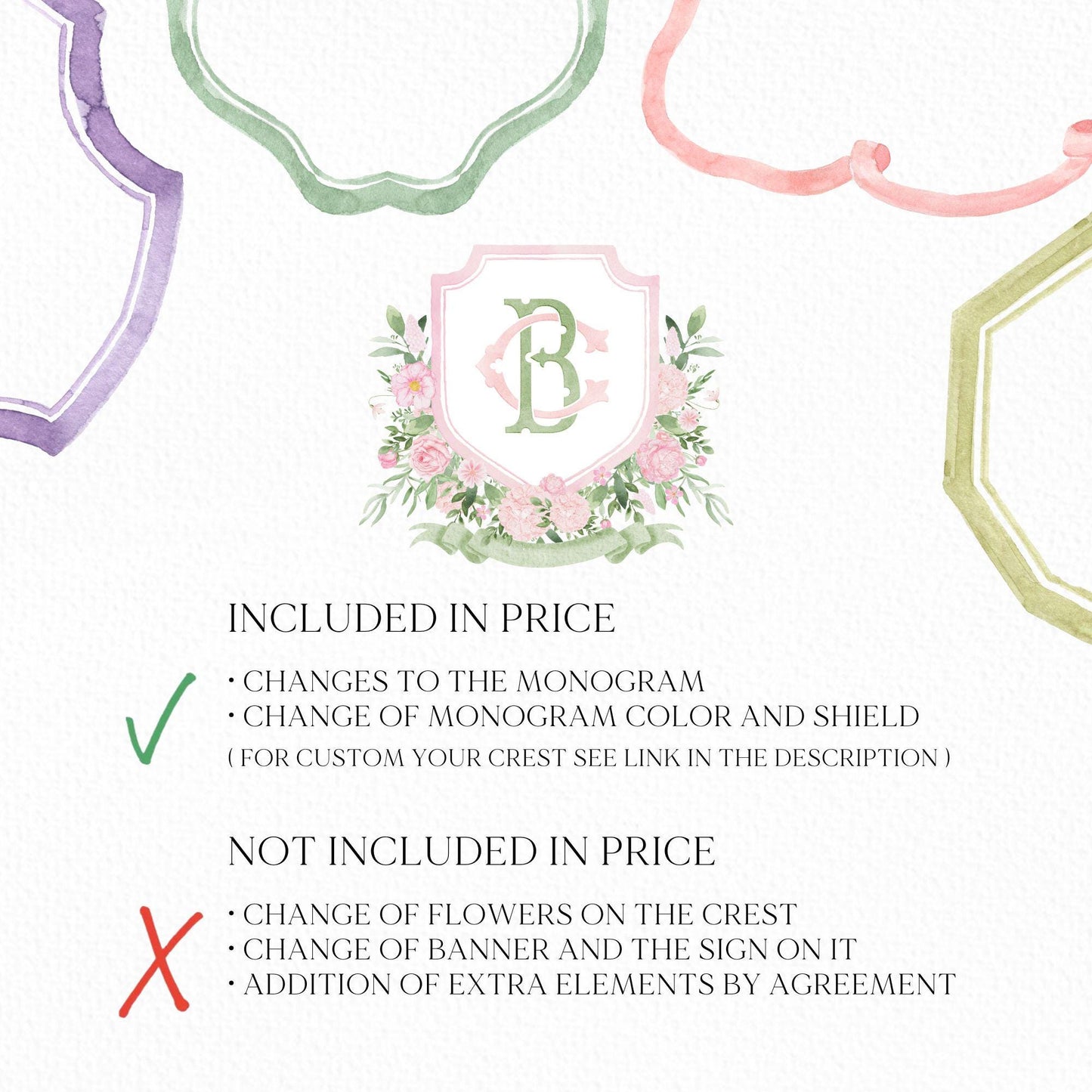 Roses Bouquets Flower Wedding Crest - Monogram Crest - Pink Peony Delicate Summer Floral Watercolor Wedding Crest - Romantic Wedding Crest