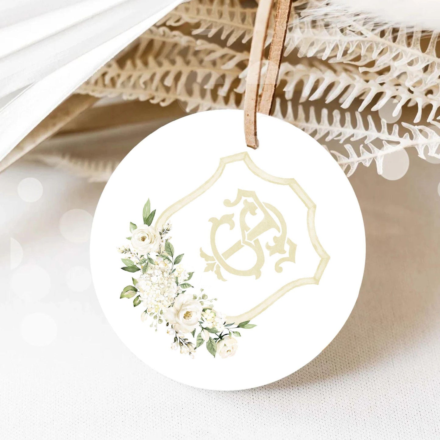 White Rose Greenery White Flower Wedding Crest - Monogram Crest - White Floral Watercolor Wedding Crest - Romantic Wedding Crest